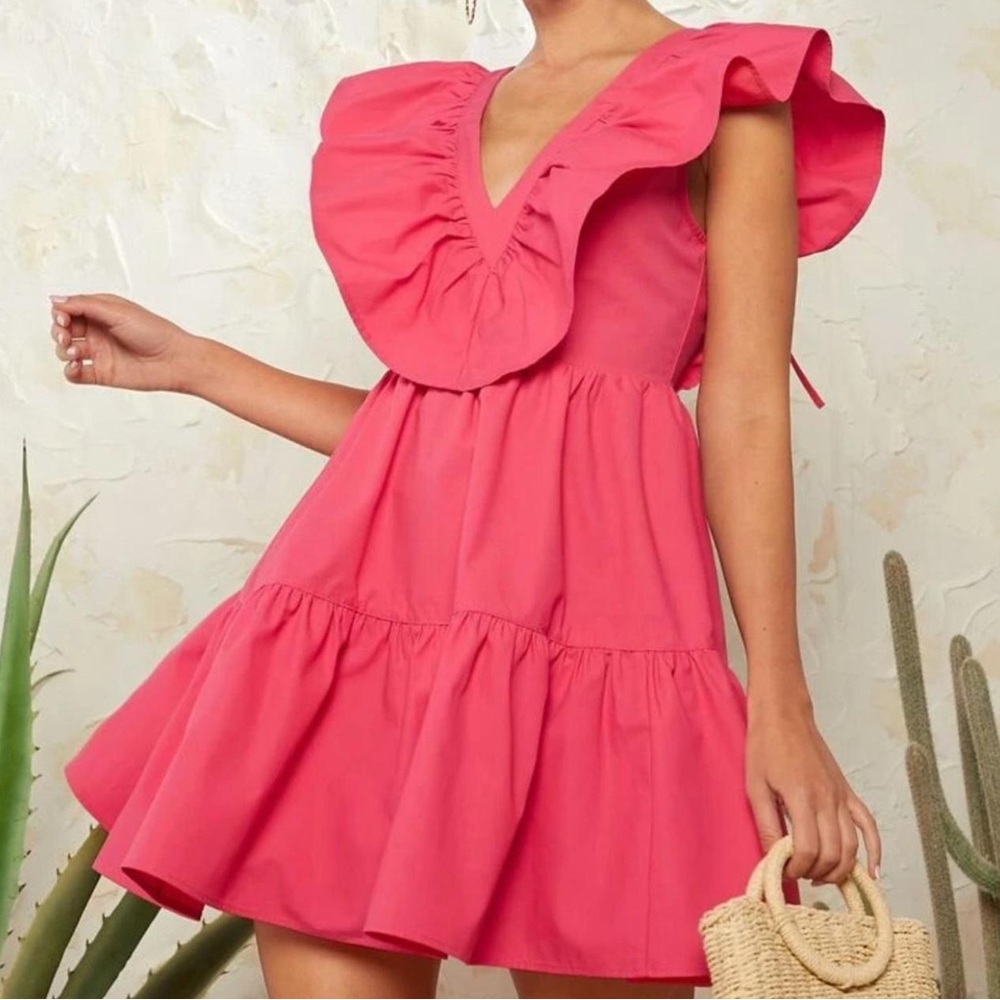 Watermelon Pink L'Amorae Tie Backless Ruffle Trim Solid Fashion Short Dress